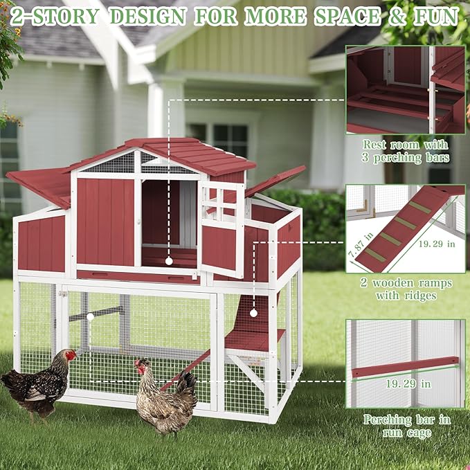 56.03" L 2-Story Chicken Coop with Run,Fir Wood Chicken House Hen House with 2 Large Nesting Boxes,Expandable Poultry Cage for 2-4 Chicken with 4 Perching Bars,Pull-Out Tray,Ramps,RED