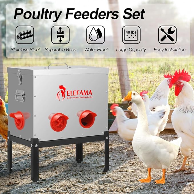 45 LB Automatic Chicken Feeder Metal Kit with Legs Locking Lid 6 Ports Large Poultry Feeder Vegetable Hanging String Bag Leg Rings Duck Chicken Coop Chick Feeder System Food Dispenser No Waste