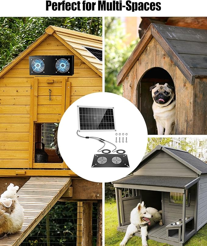 20W Solar Ventilation Fan for Chicken Coops Greenhouses Sheds Pet Houses, Outdoor Dual Fan with Metal Housing, Waterproof Solar Powered Exhaust Fan, Plug and Play