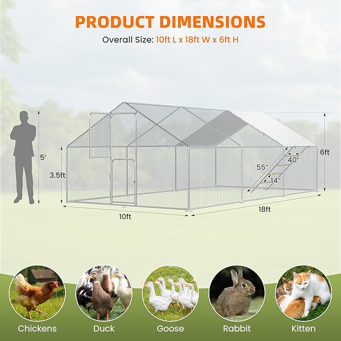 UDPATIO Large Chicken Coop & Metal Run - Spacious Walk in Pen for 20-30 Chickens with Double Feed Door, UV-Resistant Cover, Galvanized Frame - Duck & Rabbit House