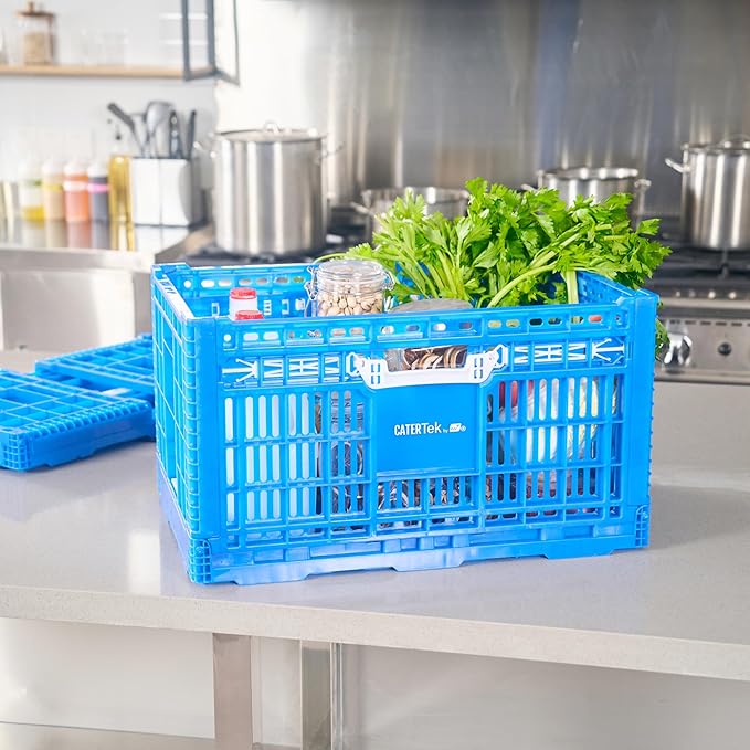 Restaurantware Plastic Milk Crates for Storage - 10 Pack - Cater Tek Stackable Storage Buns for Organizing - Collapsible Storage Basket for Groceries, Home Supplies, Blue