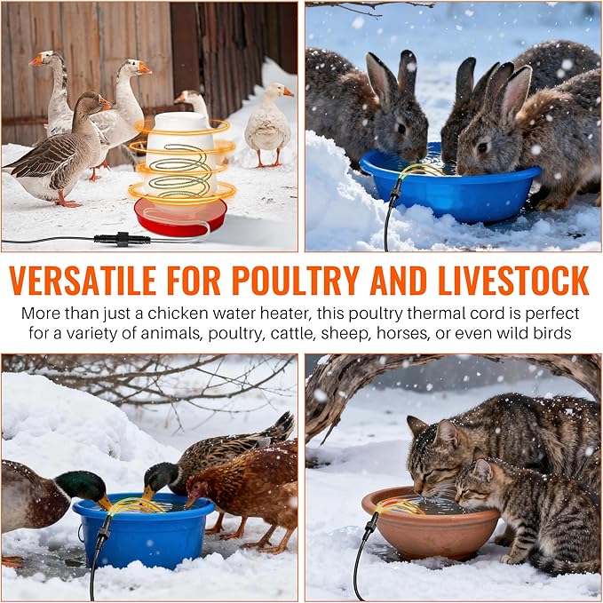 Chicken Water Heater, 60W 13FT Heated Poultry Waterer Cord for Winter, Freeze Proof Heated Waterer for Chicken Duck Geese, Stainless Steel Bird Bath Water Heater for Outdoor Buckets & Troughs