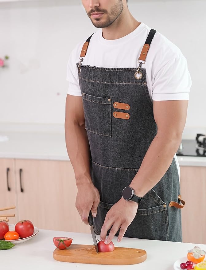 Denim Bbq Apron for Men Women with Pockets Adjustable Cross Back Chef Aprons for Kitchen Cooking Grilling Working
