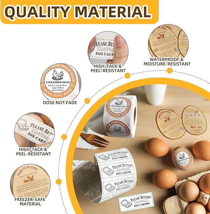3 in 1 Total 1850pcs Farm Fresh Egg Stickers Set Including 250pcs Handing Instruction Cards,800pcs 2” Round Unwashed just got Laid Carton Stickers,800pcs Rectangular Please Return Egg Carton Labels