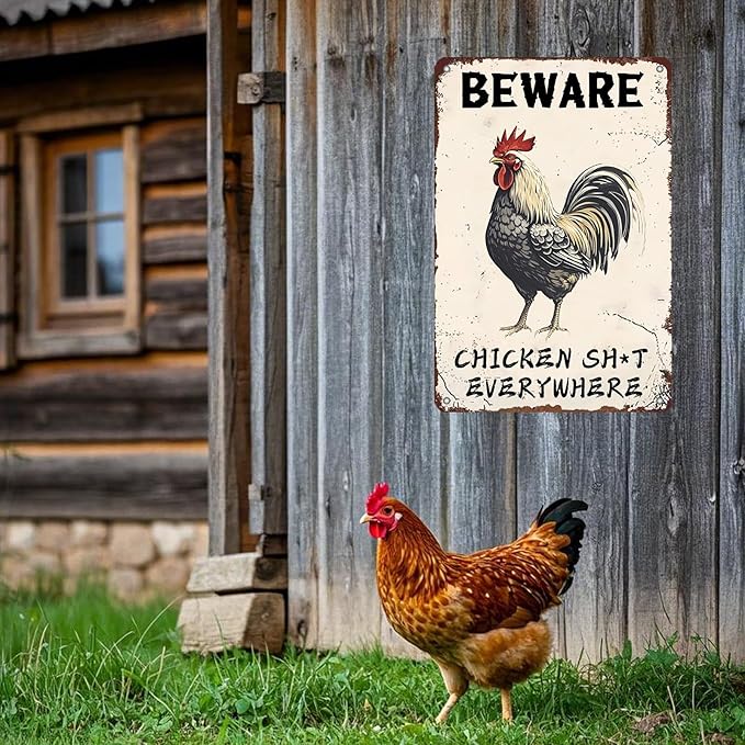 Beware Metal Sign Chicken Shit Everywhere Tin Sign Home Bar Pub 12x8 Inch Metal Restaurant Man Cave Wall Decor
