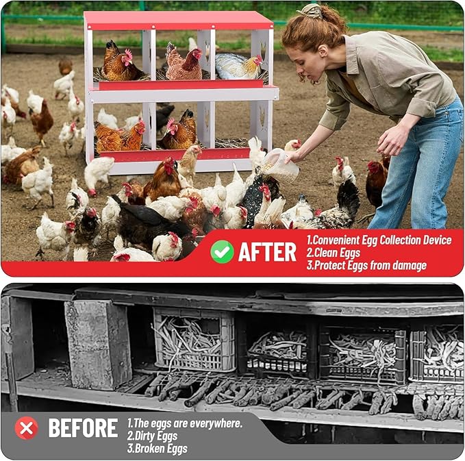 Metal Chicken Nesting Boxes, Heavy-Duty Galvanized Steel Egg Laying Box with 6 Compartments, Rustproof, Easy to Install & Clean, Wall-Mountable Design for Poultry Coops- Red Without Stand