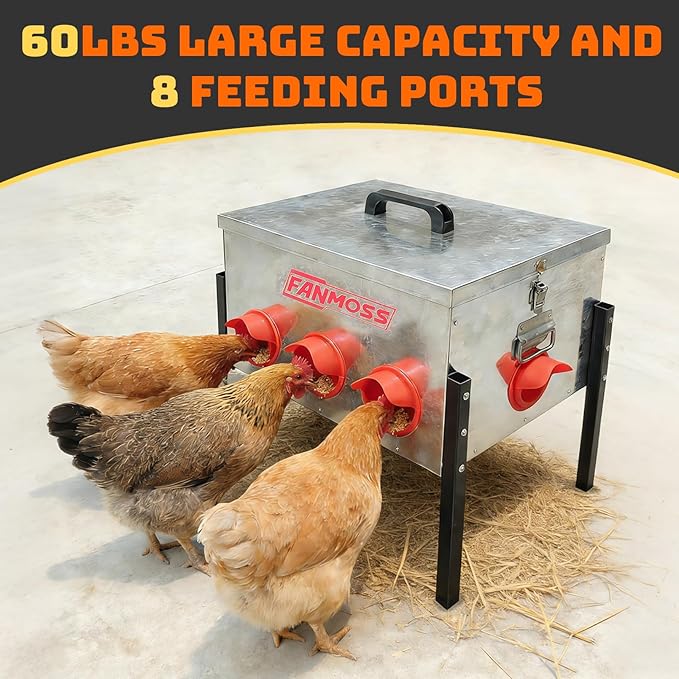 60lb Automatic Chicken Feeder, 8 Ports No Waste Chicken Feeder with Locking Lid, Adjustable Legs & Waterproof Silo, Large Metal Poultry Feeder for Hens, Ducks, Geese, Poultry