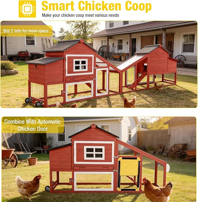 Aivituvin Mobile Chicken Coop with Wheels for 2-4 Chickens, Backyard Expandable Chicken House Duck Cage with Run, 2 Nesting Boxes, Easy Clean Pull-Out Tray, Leak-Resistant Asphalt Roof, 72.3"(Red)