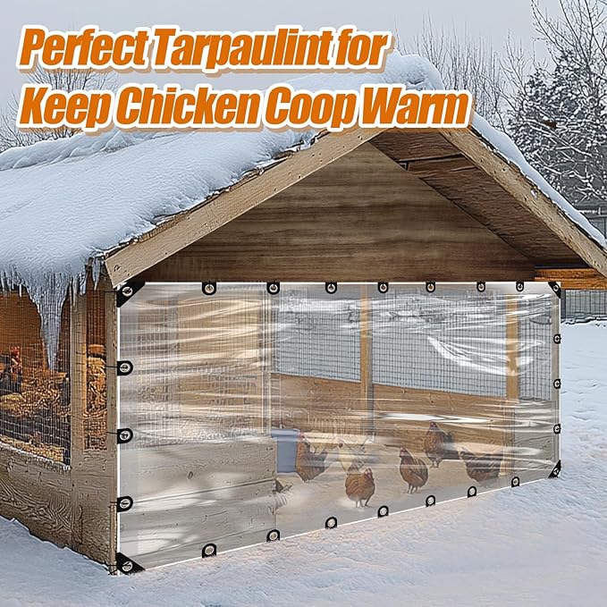 6.6x13ft Anti-Tear Clear Tarp Waterproof - 2pcs Windproof Poly Tarpaulin, Heavy Duty Transparent Enclosure with Grommets for Covering Chicken Coops Greenhouse Garden Plants