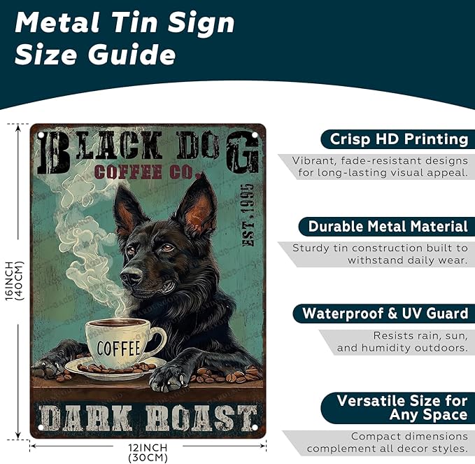Vintage Black German Shepherd Dog Metal Sign Black German Shepherd Dog Coffee Novelty Metal Poster Home Cafe Kitchen & Bar Bathroom Aluminium Sign Art Wall Decor 16x12 Inch