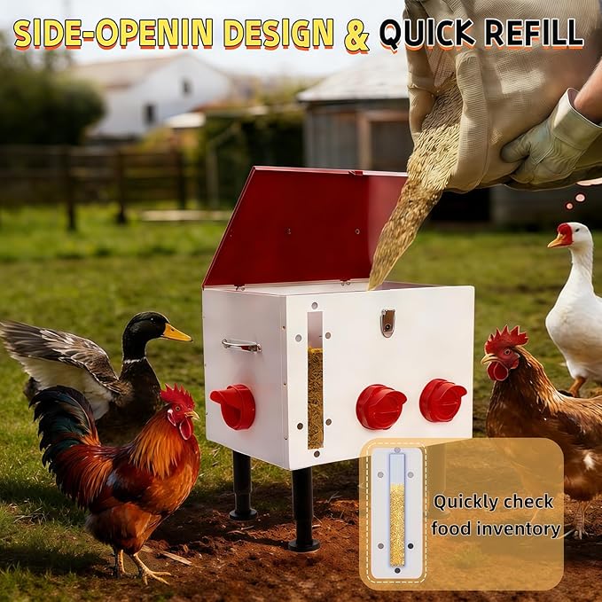 60LB Large Automatic Chicken Feeder with Viewing Window, 7 Feeding Ports,Made from Rust-Proof Metal with Adjustable Height Legs and Safety Latch Suitable for Chickens, Ducks