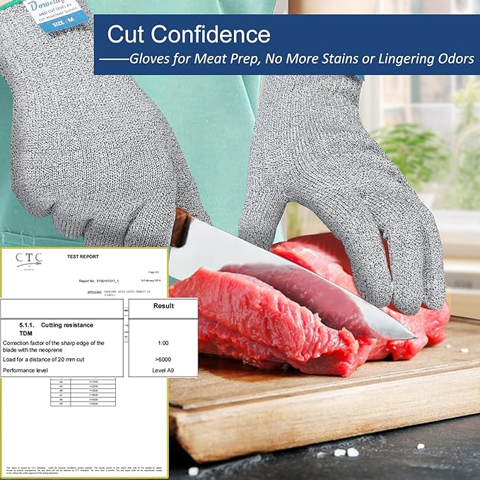 Dowellife Cut Resistant Gloves A9 Maximum Protection - Food Grade Kitchen & Chef Gloves for Food Prep, Knife Cutting, Mandoline Slicing, Butcher, Oyster Shucking, Fish Handling (X-Large, 2 Pairs)