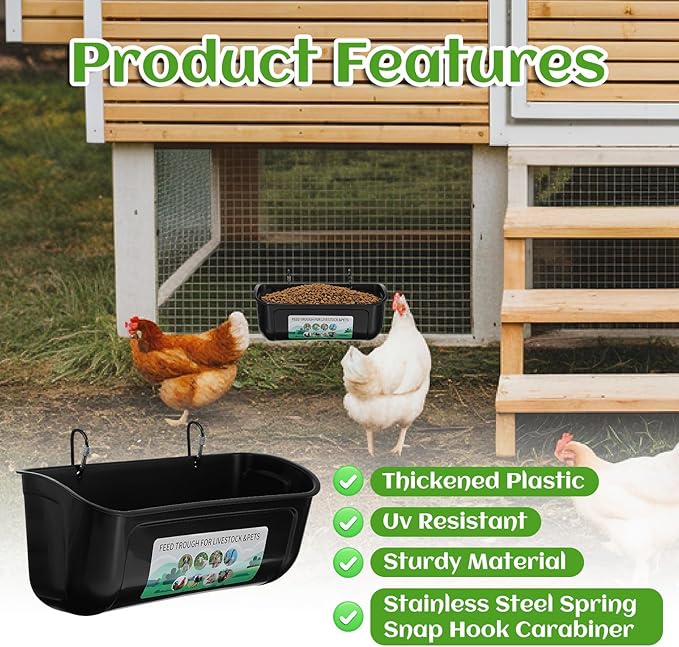 4 Pack Hanging Chicken Feeders Plastic Goat Feeder Supplies with Metal Clips Chicken Waterer Bucket Container for Goat Duck Horse Pig Hog Poultry