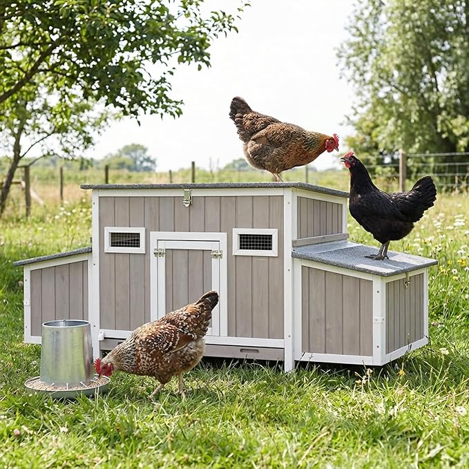 PetsCosset 62" Chicken Coop for 2-4 Chickens, Large Hen House with 4 Nesting Boxes, Openable Waterproof Roof, Roosting Bars, Lockable Doors & Pull-Out Tray, Weatherproof Outdoor Chicken House
