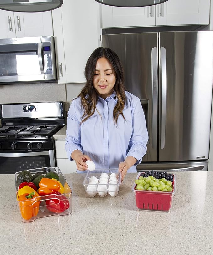 Kitchen Spaces Deluxe Egg Tray, Holds 18 Eggs, Refrigerator Storage Container with Lid, Stackable Fridge Organizer, Crush-Proof, BPA-Free, Clear