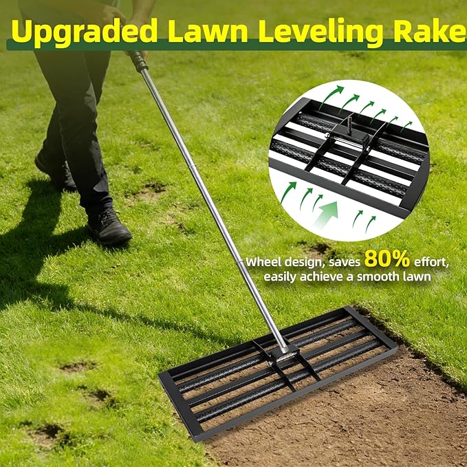 Lawn Leveling Rake 30"×10", Stainless Steel Landscaping Tool with 6.5ft Adjustable Handle, Effort-Saving with 2 Rollers, Foldable Leveler Rake for Yard, Topsoil, Farm, Backyard, Black