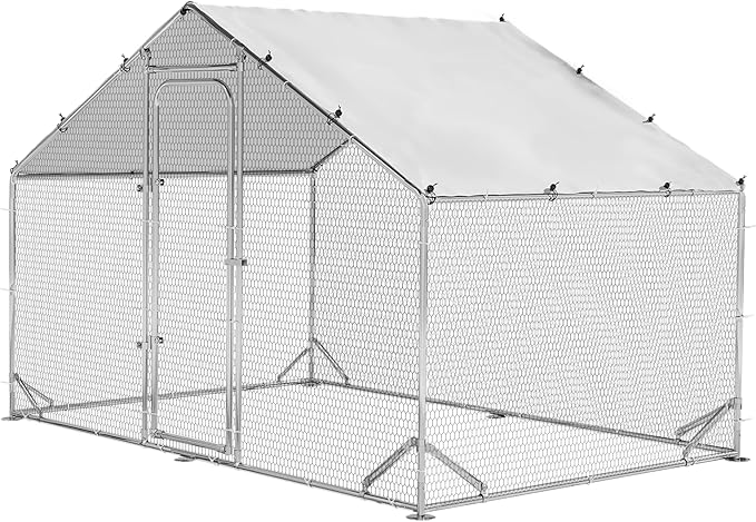 LEMBERI Metal Chicken Coop Spire Roof Walk in Chicken Run Pen for 6 Chickens, Galvanized Rabbits Duck Poultry Cage with Waterproof Cover for Outdoor,Backyard and Farm