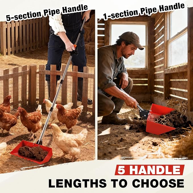 Lineslife Chicken Poop Scooper for Sand & Rake 2-in-1, Metal Chicken coop Scoop with 35 to 76" Adjustable Aluminum Alloy Handle, Litter Scooper Sand Sifting Shovel Chicken Coops/Animals House