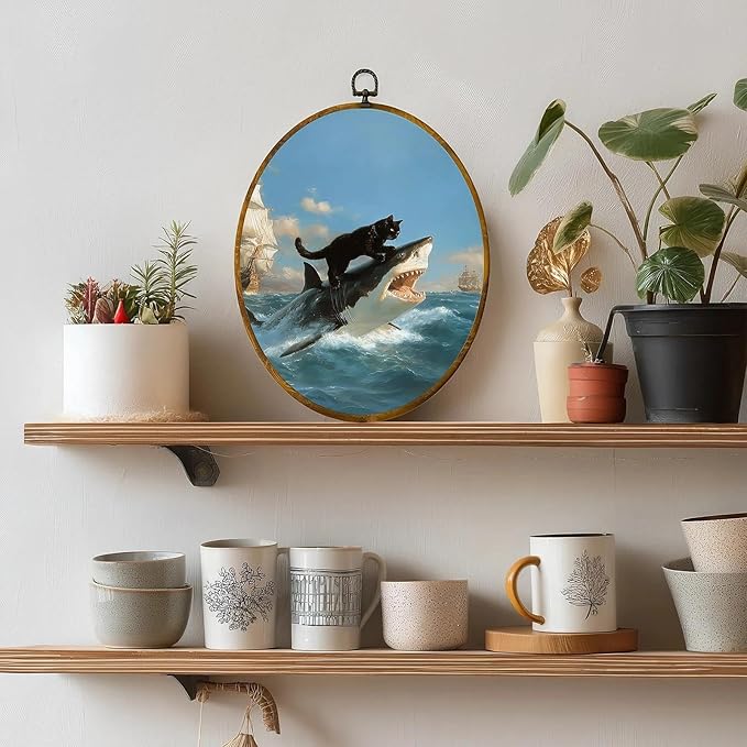 zewepri Cat Biting Shark Painting – 8.6×11.4 inches, high-density canvas, funny wall art, with pre-installed hook for easy hanging, ideal for bedroom, living room, study, and a gift for art lovers.