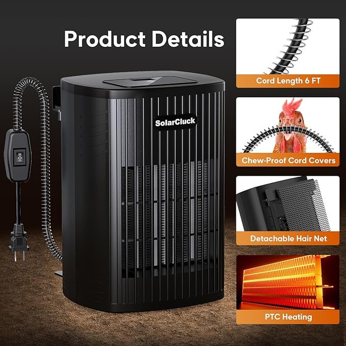 Chicken Coop Heater for Winter with Thermostat, 600W Wall-Mounted Chicken Coop Heaters Inside Coop with Adjustable Temp, Memory Function, 6.5FT Anti Chew Cord, Heat Warmer for Chickens, Ducks, Geese