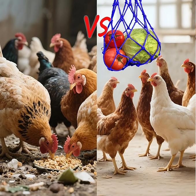Chicken Vegetable Hanging Feeder 2PCS, Reusable String Bag Net Hanging Feeder for Chickens Ducks Coops Toy, Enrichment Toys, Treat Holder, No Waste Poultry Accessory(Blue)