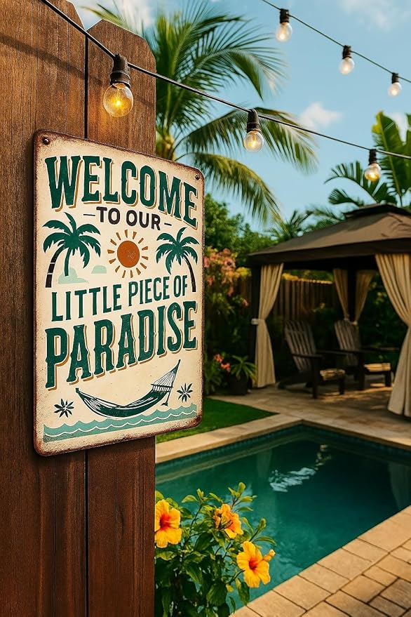 Vintage "Welcome to Our Little Piece of Paradise" Metal Wall Decor Sign - 8x12 Inch Aluminum Retro Art for Outdoor, Porch, Patio, Garden, Farmhouse, Bar, Cafe, and Home - Funny Tin Poster for Street and Garage,