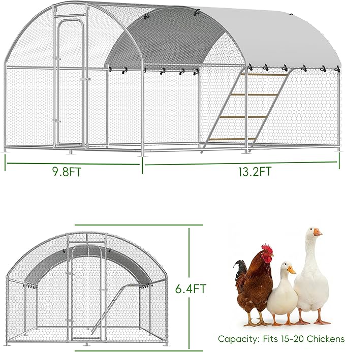 Large Metal Chicken Coop with Roosting Perch Walk-in Poultry Cage Chicken Run Duck House Chicken Pen Dome Shaped Coop with Waterproof Cover for Outdoor Backyard Farm Use(10' L x 13.2' W x 6.4' H)