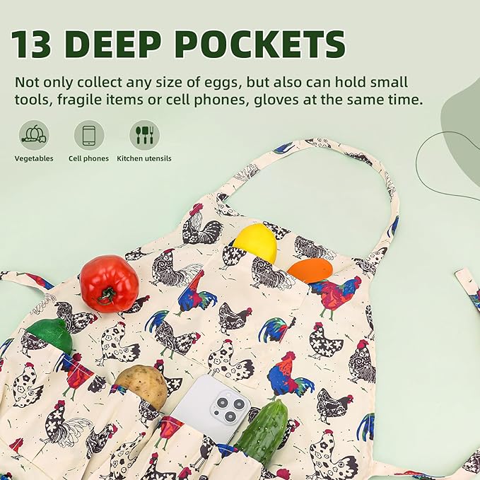 2 pack Egg Apron, Egg Collecting Apron for Chicken Duck Goose Eggs, with 13 Pockets Chicken Egg Apron for Women&Men