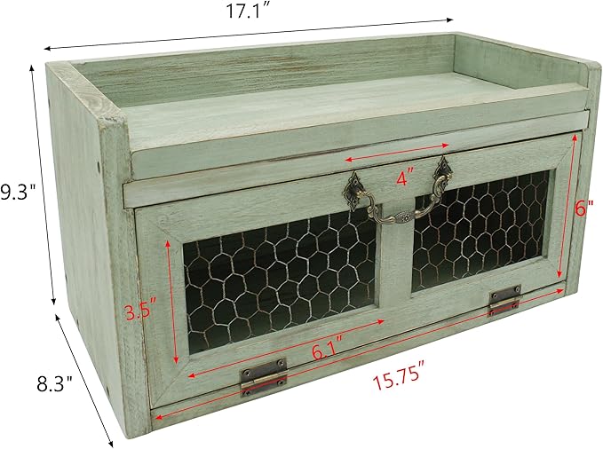 Farmhouse Countertop Storage Organizer, Rustic Wood Kitchen Cabinet with Chicken Wire, Kitchen Pantry Display Shelf, Country Vintage Style. Distress Teal