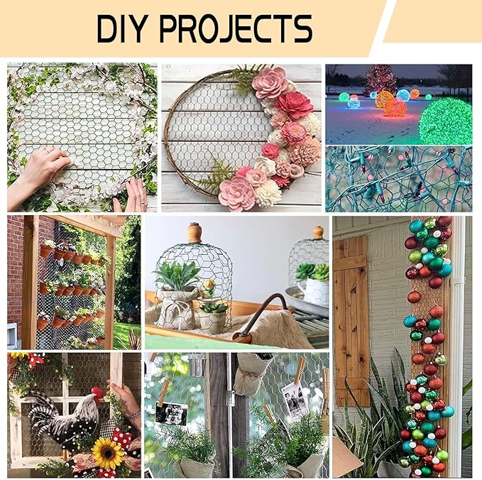 Chicken Wire 15.7in x 393.7in with a Pair of Gloves，1 Wire Cutter，100 Pcs Cable Zip Ties, Floral Chicken Wire Mesh 0.8in Hexagonal Galvanized PVC Coated Garden Netting Fence for Craft Poultry Garden