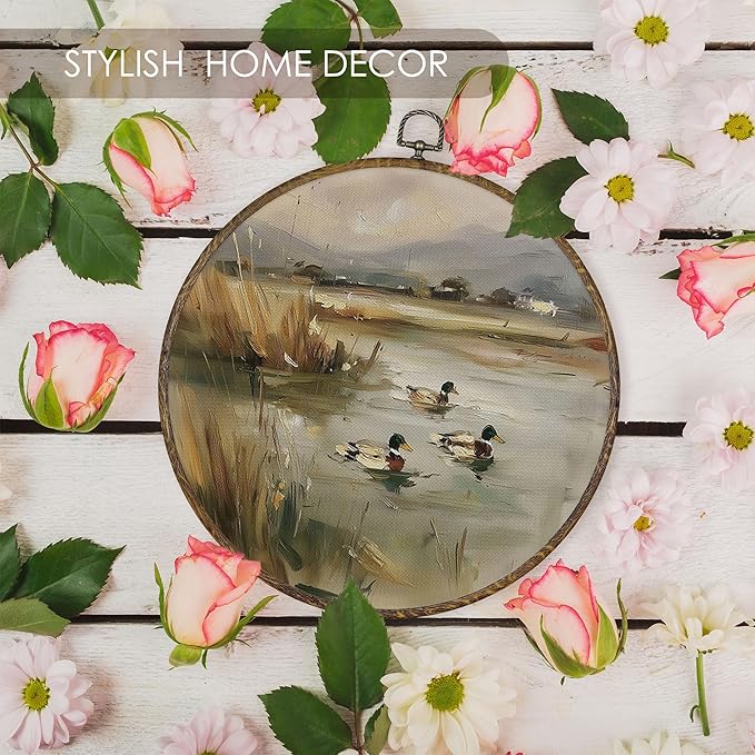 Fewgb Mallard Duck Round Wall Art Decor Framed, Vintage Country Landscape Canvas Wall Art Prints Picture, Rustic Farmhouse Farmhouse Hanging Room Decor Artwork for Gallery Bedroom Nursery 10x10