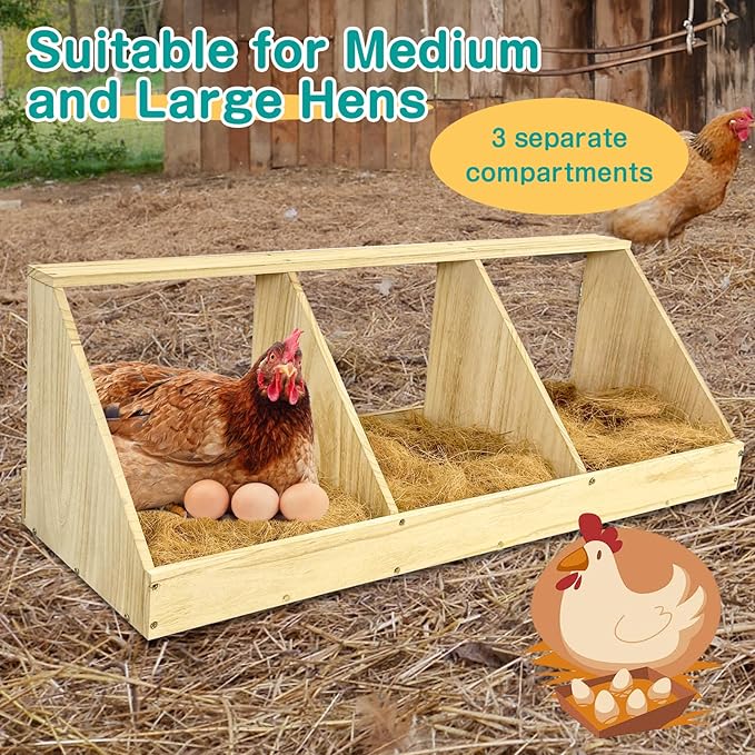 Chicken Nesting Boxes, 3 Compartment Wooden Chicken Laying Boxes, Nesting Boxes for Chickens, Hens, Ducks, Poultry Nest Box for Laying Eggs, Includes 3 Fake Eggs
