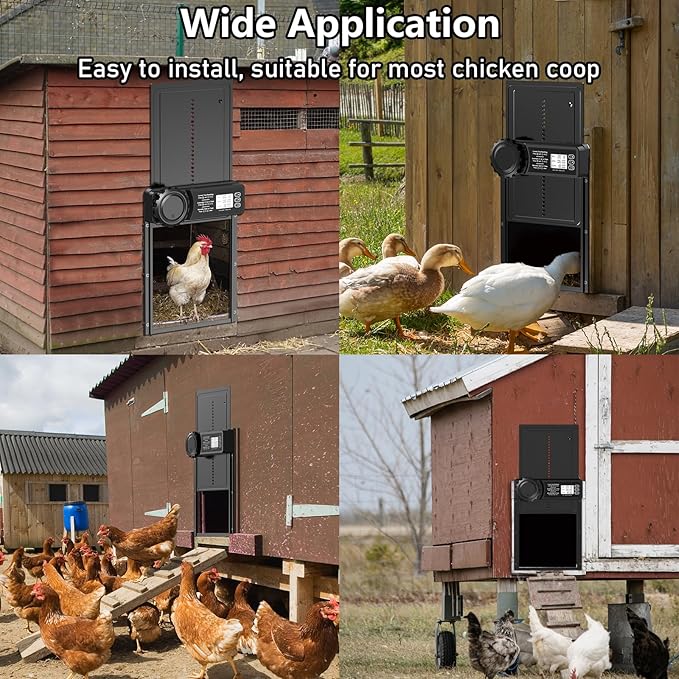 Automatic Chicken Coop Door, Battery Powered Chicken Door with Display Screen, Timer Function, Anti-Pinch Safety Design, Aluminum Alloy Auto Coop Door for Chickens