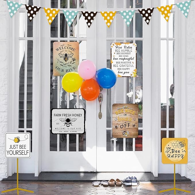 WERNNSAl 9PCS Bee Birthday Party Decorations - Honey Bee Signs Decoration for Kids Girls Farm Bee Birthday Party Funny Bumble Bee Hive Decor for Happy Bee Day Baby Shower Supplies Bee Sign Posters on Garden Home Yard Wall Decor