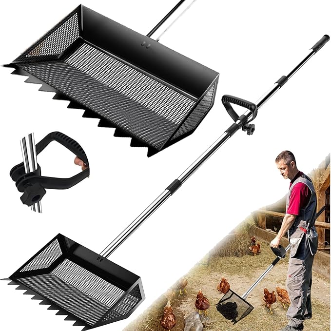 12" Metal Chicken Poop Scooper Rake for Sand with 24 to 68" Handle, Adjustable Chicken Poop Scooper for Poop,Wide 10”Poop Shovel Cleaning Tools, Heavy Duty Sifting Shovel (Black Max)