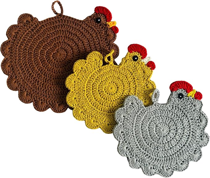 Handmade Crochet Chicken Trivets Set of 3, Chicken-Gifts, Valentine Gifts, Pot Holders, Heat Resistant Farmhouse Kitchen Home Decor, Cooking, Baking, Cute Desk Accessories, Tabletop Protection