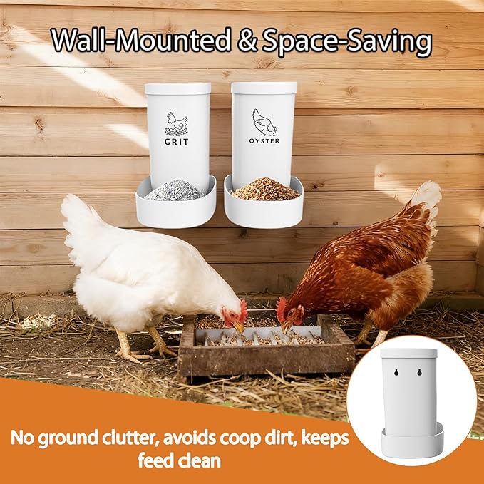 2 Pack Chicken Grit Feeder and Oyster Shell Feeder Combo，Heavy-Duty PVC Chicken Feeder with Large Capacity，Gravity Automatic Filling of Chicken Coop Accessories for Healthier Hens and Eggs.
