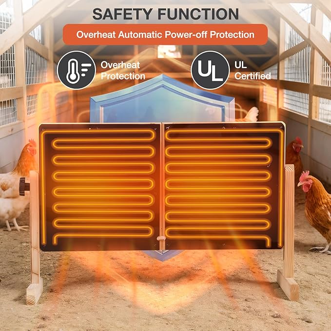 Chicken Coop Heater with Temperature Control, 200W Chick Heater with Adjustable Temp (70-190℉) for Winter, 2 Heating Plates, Foldable Large Size Coop Heater (Natural Wood)