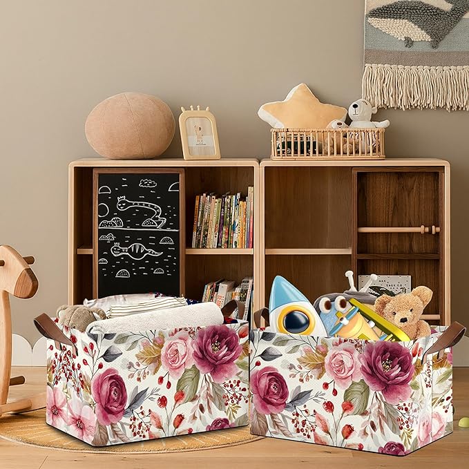 Vintage Pink Flower Storage Baskets,Foldable Large Capacity Organizer Bins with Waterproof Lining and Leather Handles for Closet,Shelf,Bedroom 17x11.5x10Inch