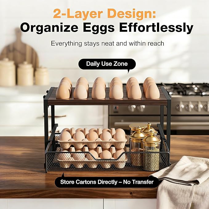 2-Tier Wooden Egg Storage Organizer with Basket – Holds 24+60 Chicken, Duck & Quail Eggs – Compact Countertop Holder with Carry Handle for Easy Transport
