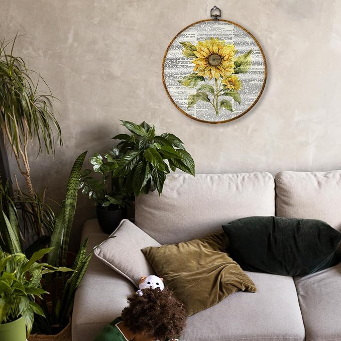 Hiuwevt Vintage Flower Round Wall Art, Rustic Floral Wall Decor, Retro Summer Yellow Floral Hanging Canvas Prints Walls Decorations for Farmhouse Home Bedroom Living Room, 10x10 Inch