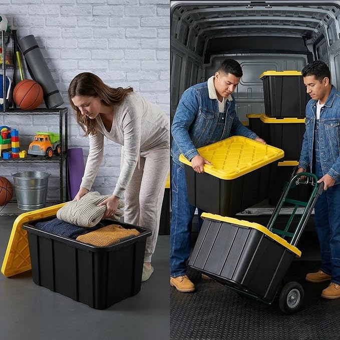 6-Pack 27-Gallon Heavy Duty Storage Bins, Stackable Plastic Container with Snap Lid, Organizer Tote for Garage, Attic, Closet, Basement, Truck Bed - Black and Yellow