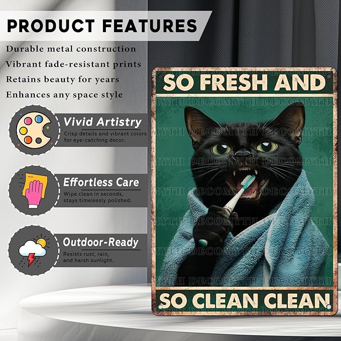 Vintage Black Cat Tin Sign So Fresh And So Clean Clean Retro Wall Decor Decorations for Home Funny Cats Lovers Poster Indoor Store Cafe Toilet Bathroom Restroom Bar Pubs Farmhouse 12 * 16inch