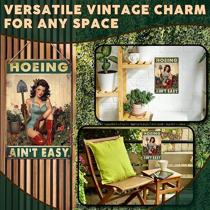 PEACHGARDEN Garden Signs for Outside Hoeing Ain't Easy Funny Garden Metal Signs Wall Decor Aluminum Yard Art for Patio Backyard Greenhouse 8x12 Inch
