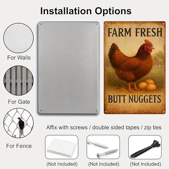 Funny Chicken Coop Metal Signs, Farm Fresh Butt Nuggets Sign, Chicken Mom Gifts for Women, Farmhouse Wall Art Decor for Barn, Garden, Outdoor, Kitchen - 8x12 Inch