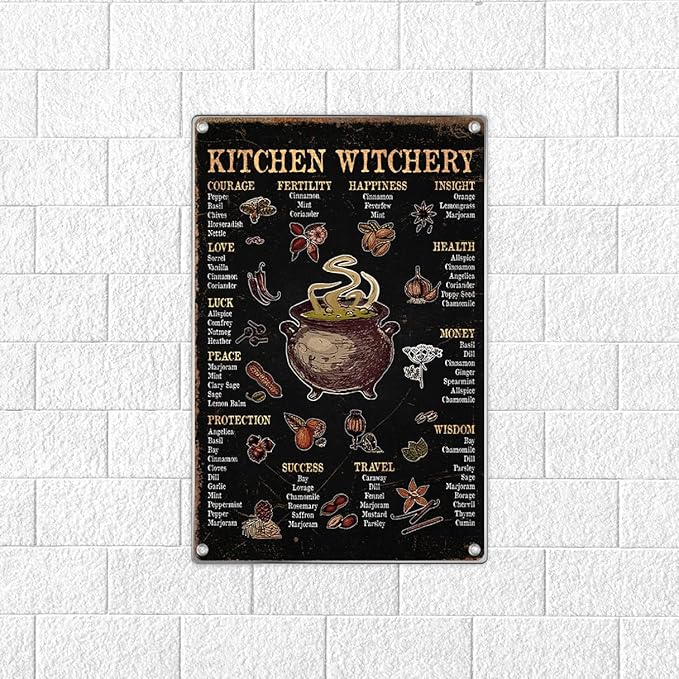 Kitchen Witchery Herbs Meaning Chart Metal Sign Witchcraft Cauldron Illustration Home Witch Decor Spiritual Rustic Wall Decoration 8 x 12 Inch Outdoor Indoor Aluminum