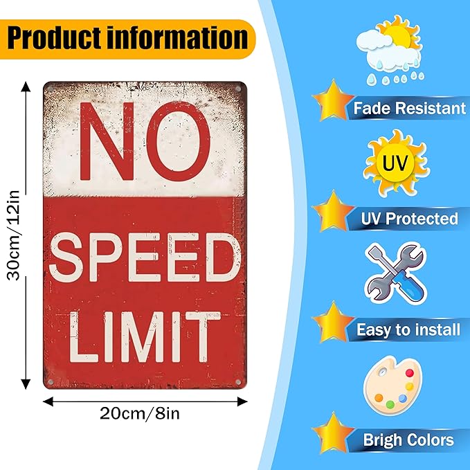 Boys Room Decor No Speed Limit Tin Signs-Funny Decor Garage Gifts for Men,Vintage Signs for Bedroom Bar Pub Club Garage Man Cave Decoration 8x12 Inches