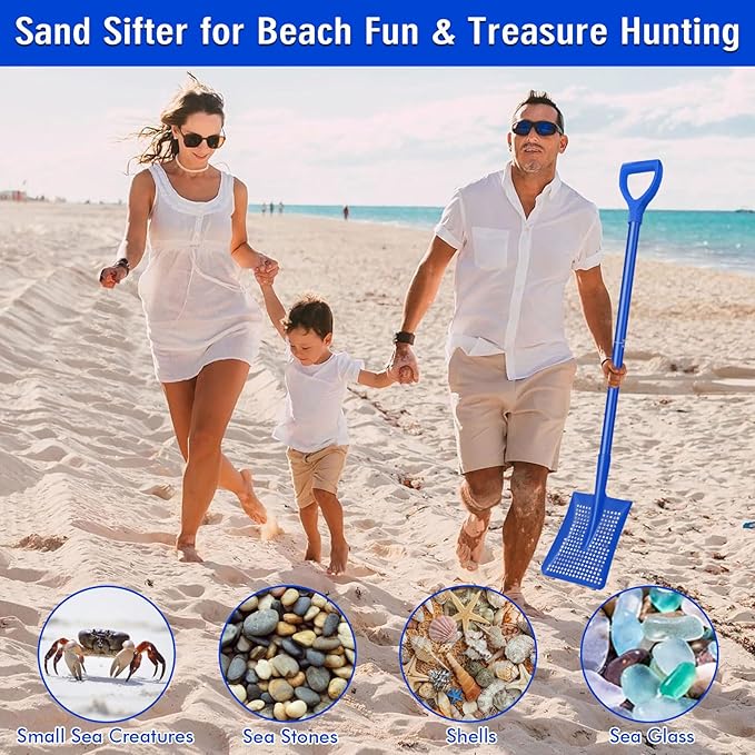 Sifting Shovel, Heavy Duty Metal Sand Sifter for The Beach, 53.5" Long Sand Sifter Shovel for Beach Fun, Chicken Coop, Farm Goat Stall Sand Poop Cleaning, with Ergonomic D-Grip Handle (Blue)