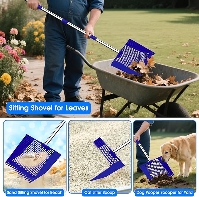 2-in-1 Chicken Poop Scooper & Rake, 12" Wide 63" Long Large Metal Chicken Coop Scooper for Sand with Ergonomic Grip, Heavy Duty Sifting Shovel Rake for Beach, Farm, Garden & Yard Waste (Blue)