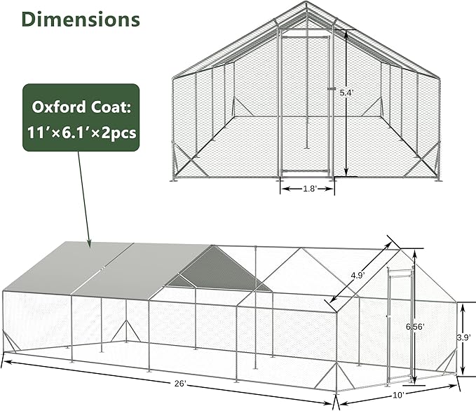 Large Chicken Coop,Metal Chicken Run for Yard with Door,Outdoor Galvanized Wire Poultry Chicken House with Waterproof and Anti-UV Cover,Duck Rabbit Cage (10' L x 26' W x 6.56' H)